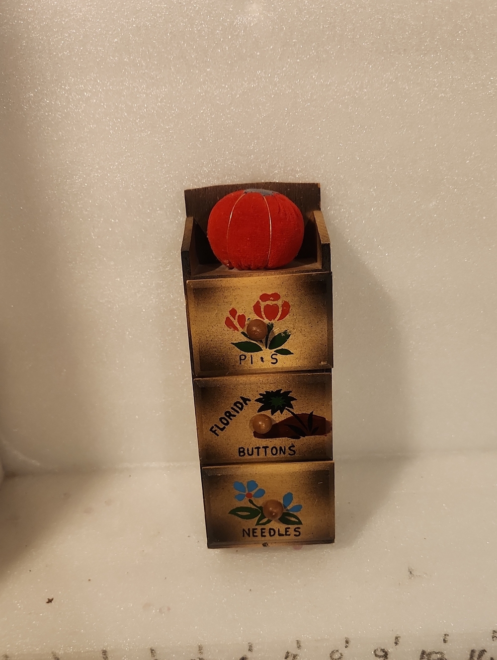Vintage Wooden Sewing Drawer Tower with Red Pincushion